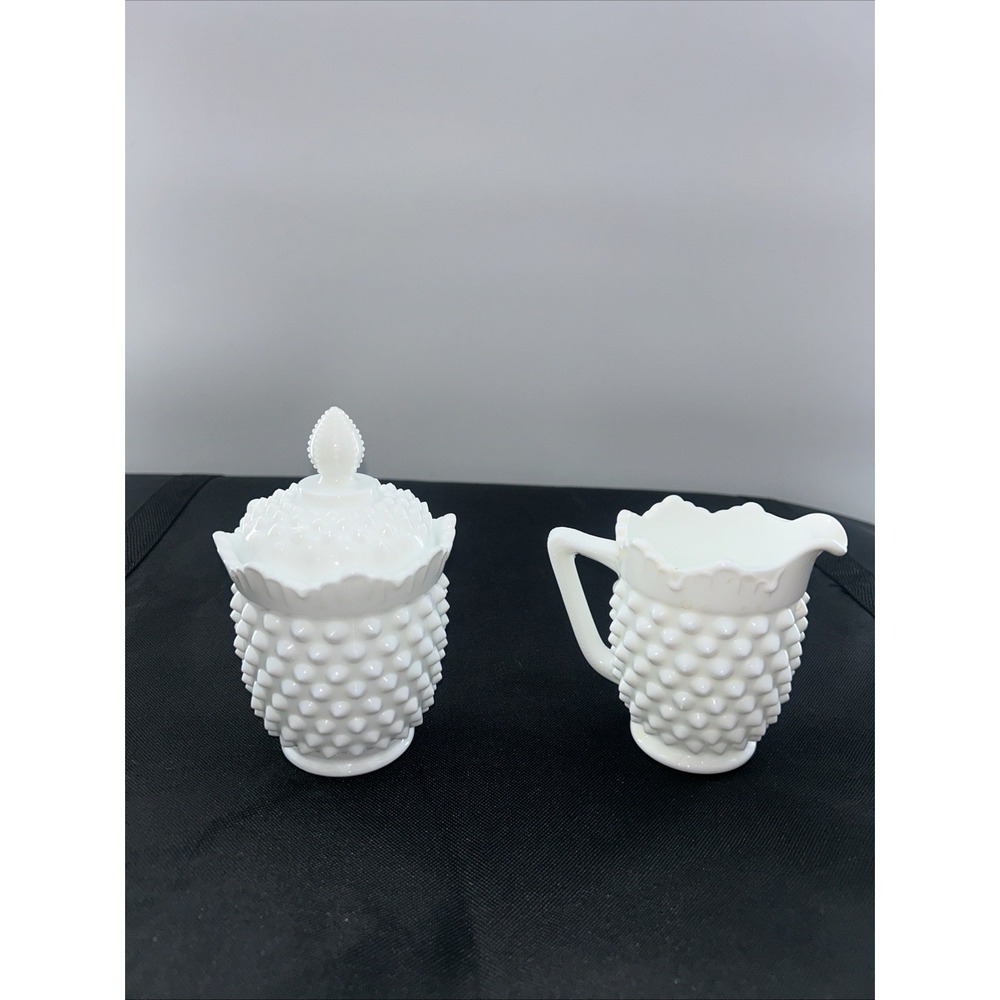 🤍 Vintage FENTON Hobnail Milk Glass Creamer & Sugar Bowl w/ Lid Set